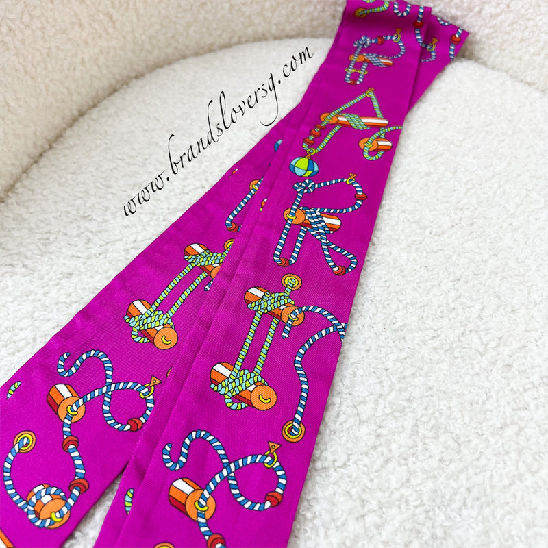 Hermes Pair of Twillies in Cordages Print Dark Pink Silk