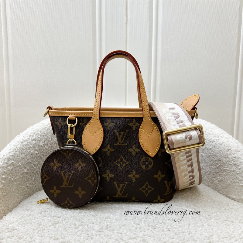 LV Neverfull BB in Monogram Canvas and Beige Patterned Strap