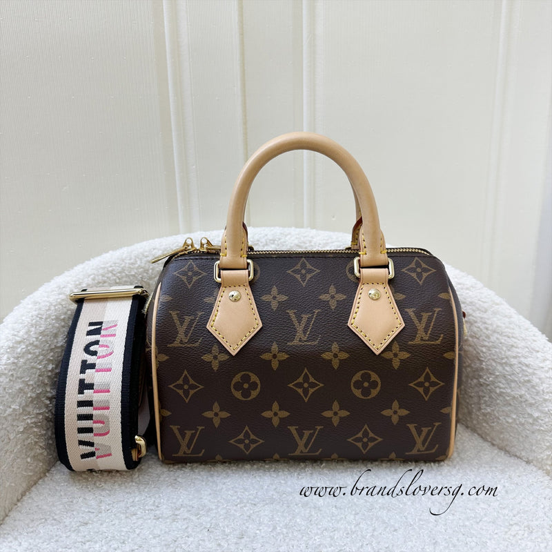 LV Speedy Bandouliere 20 in Monogram Canvas and Black Patterned Strap