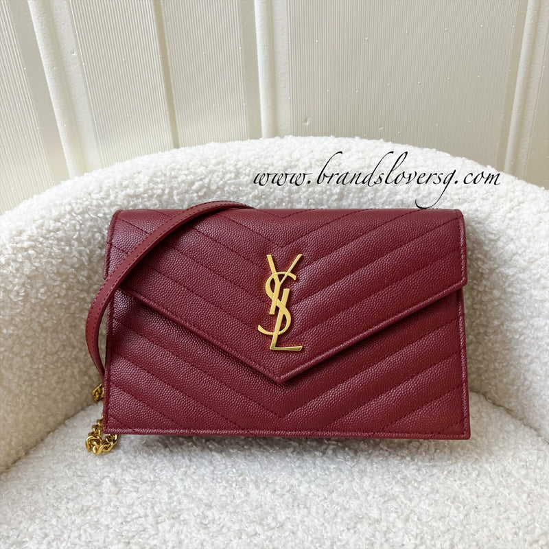 Saint Laurent YSL Small Wallet on Chain WOC in Red Grained Leather GHW