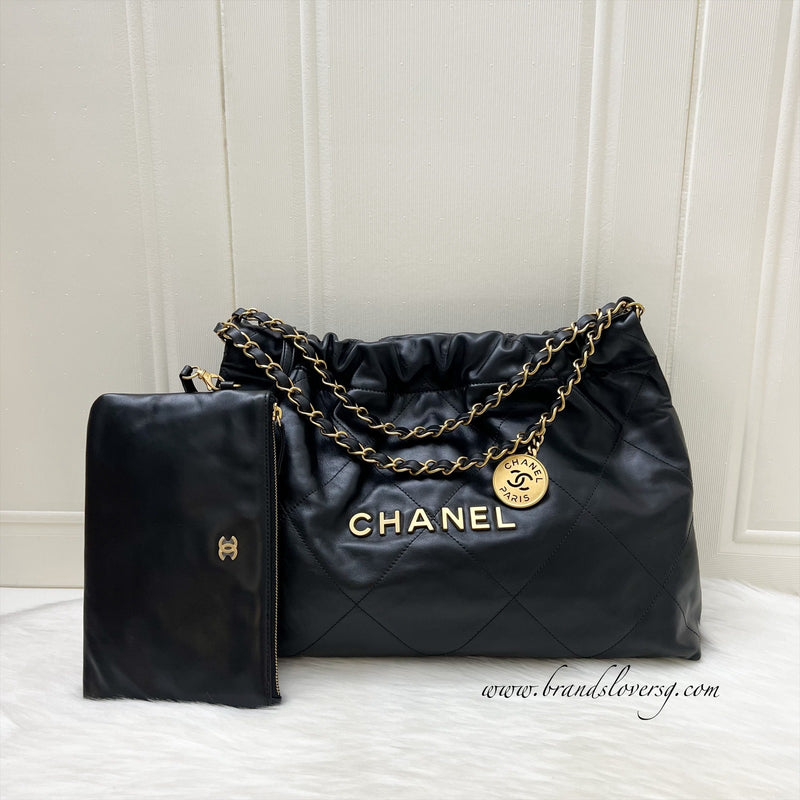 Chanel 22 Small East West Hobo Bag in Black Shiny Calfskin and AGHW