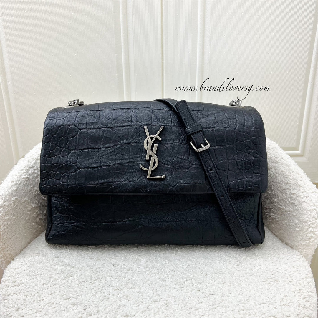 Saint Laurent YSL West Hollywood Flap Bag in Black Croc Embossed