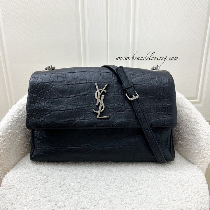Saint Laurent YSL West Hollywood Flap Bag in Black Croc Embossed