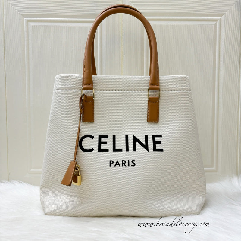 Celine Cabas Canvas Tote Bag with Brown Leather Handles and GHW