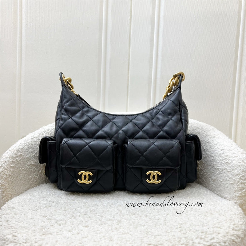 Chanel 25C Small Hobo Bag in Black Shiny Lambskin and AGHW (Model: AS5339)