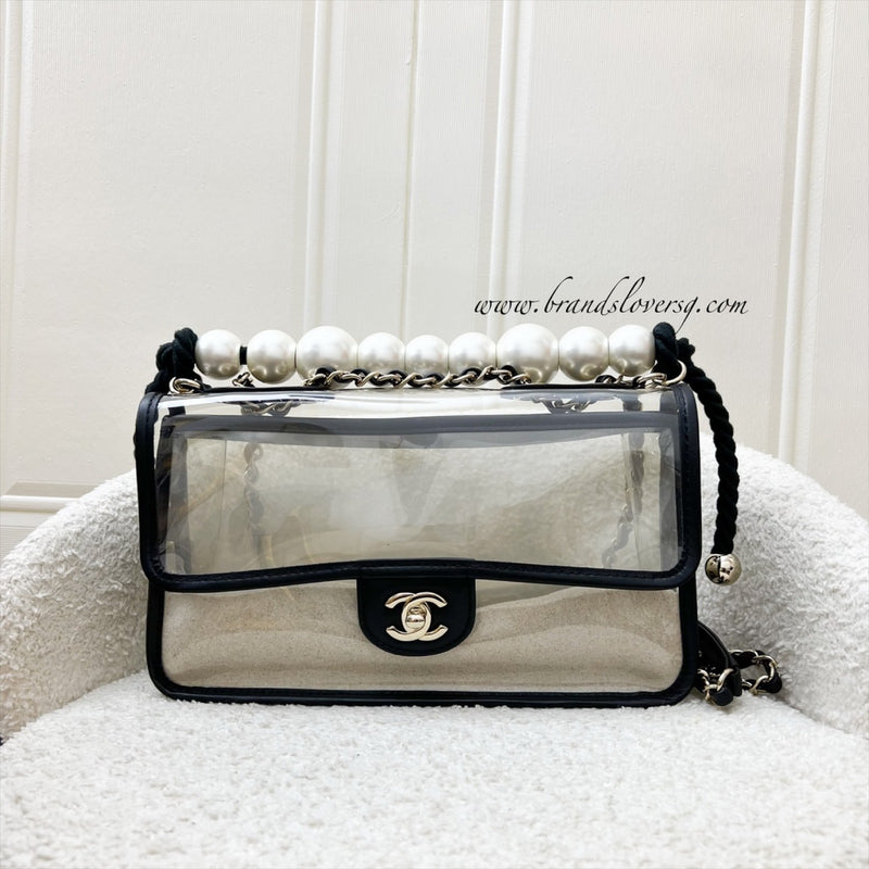 Chanel 19S Coco Sand Flap Bag with Pearls in PVC, Black Leather and LGHW