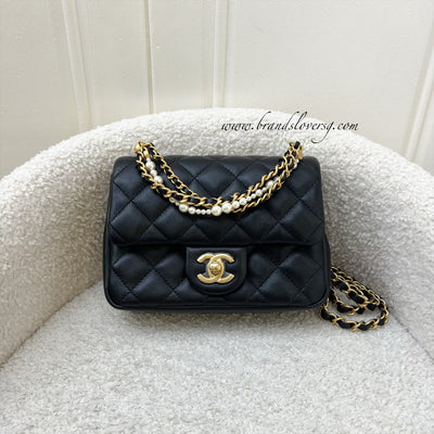 Chanel 24P Pearl Twist Chain Square Mini Flap Bag in Black Lambskin and AGHW (Model: AS4385)