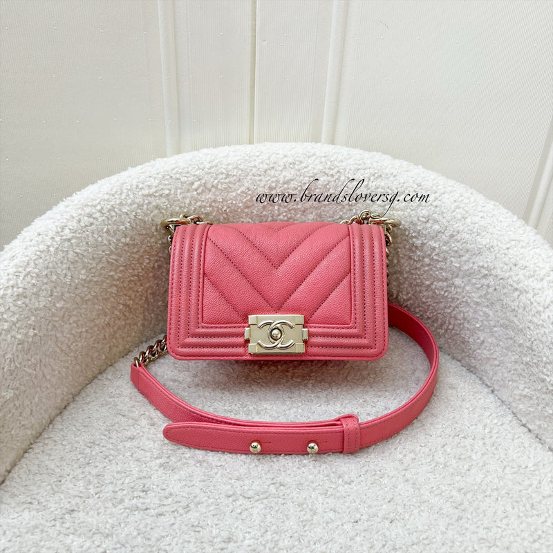 Chanel 22S Micro Boy in Chevron Coral Pink Caviar and Shiny GHW (Model: A67364)