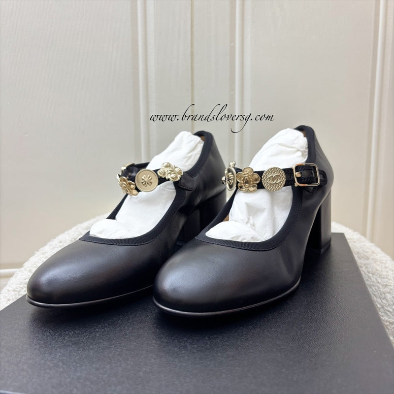Chanel 24A Mary Janes with Gold Charms and Buckle in Black Lambskin and AGHW Sz 37.5