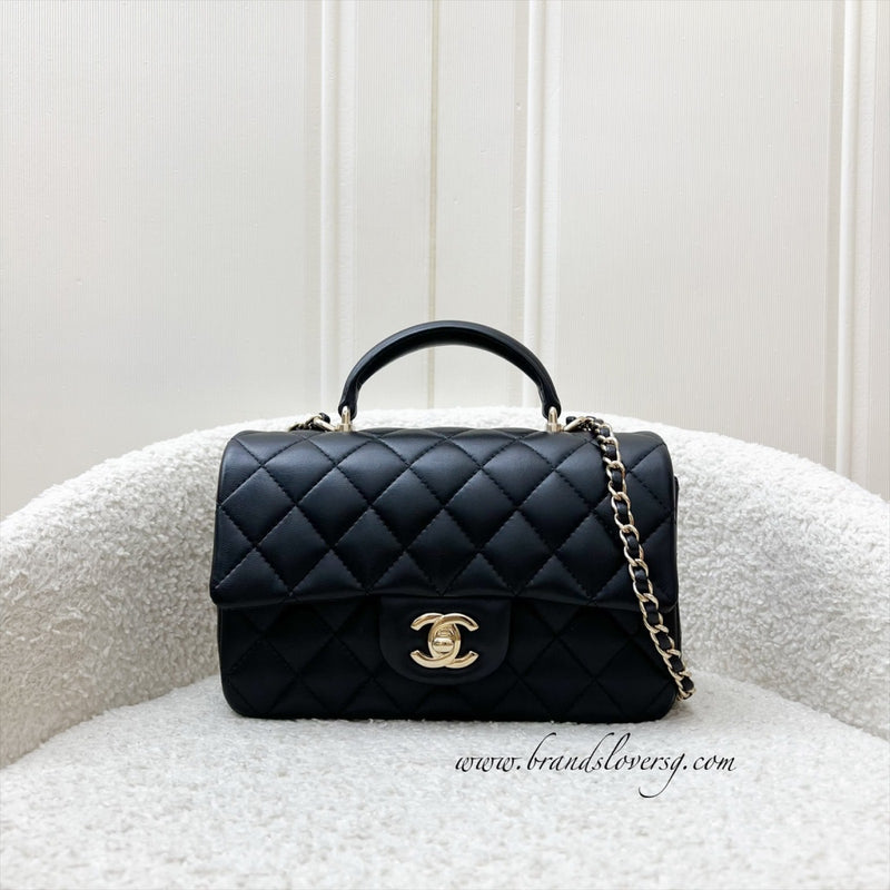 Chanel Classic Top Handle Mini Rectangle Flap in Black Lambskin and LGHW