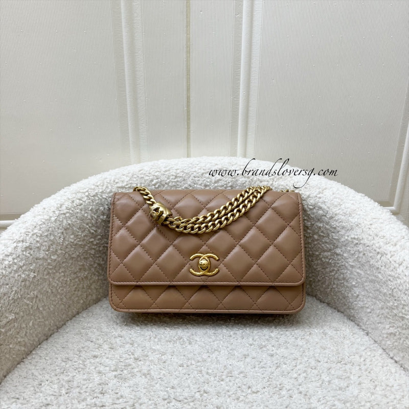 Chanel 22K Wallet on Chain WOC with Adjustable Chain in Dark Beige Lambskin and AGHW (Model: AP3043)