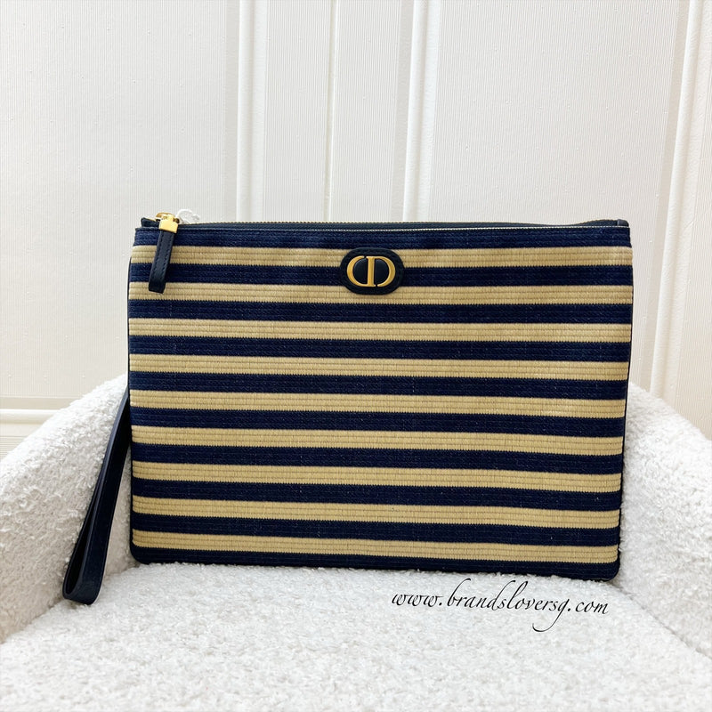 Dior Large Caro Pouch in Denim and Natural Linen and GHW