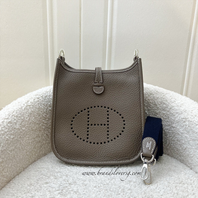 Hermes Mini Evelyne TPM in Etoupe Clemence Leather with Bleu Indigo Strap and PHW