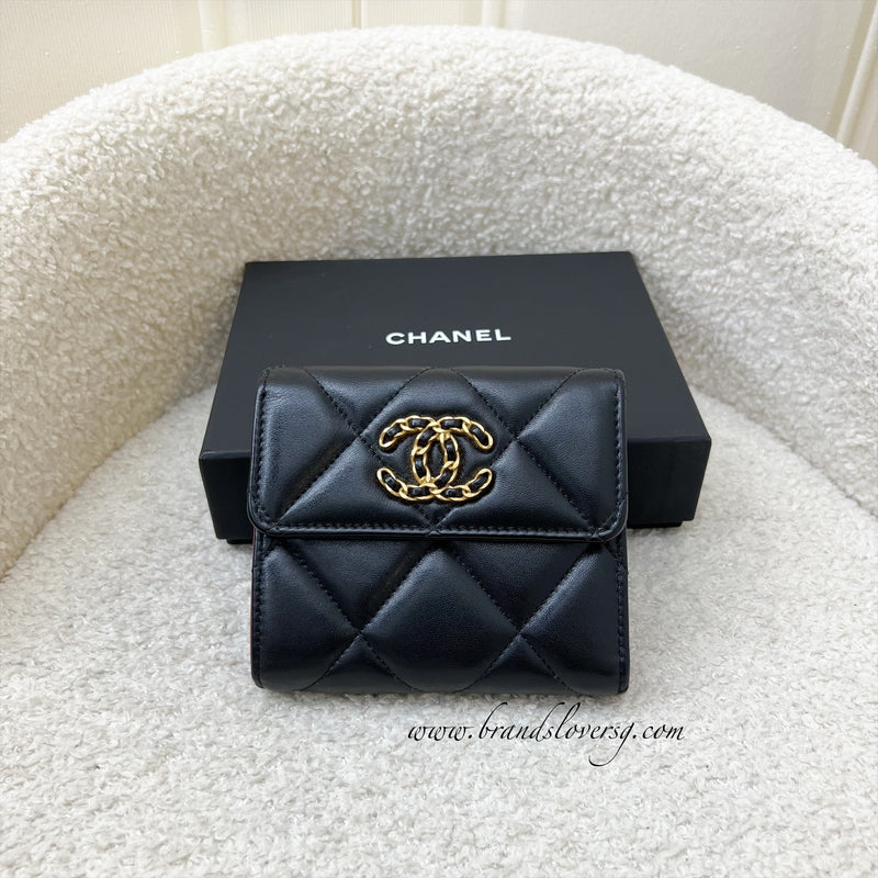 Chanel 19 Compact Trifold Wallet in Black Lambskin and AGHW