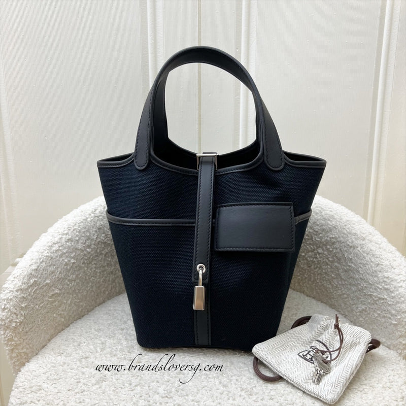 Hermes Picotin 18 Cargo Pockets in Noir Black Toile Goeland Canvas, Black Swift Leather and PHW