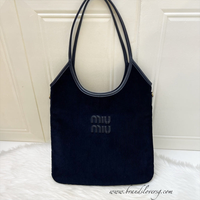 Miu Miu Ivy Tote Bag in Navy Blue Corduroy and GHW