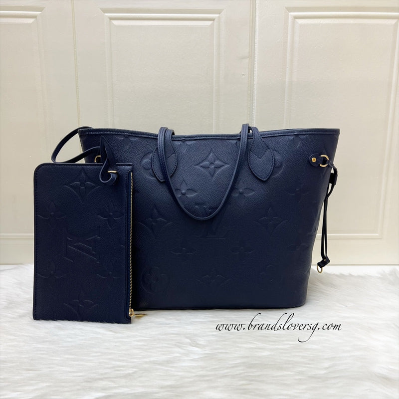 LV Neverfull MM Tote in Navy Giant Monogram Empreinte Leather and GHW (With Attached Pouch)