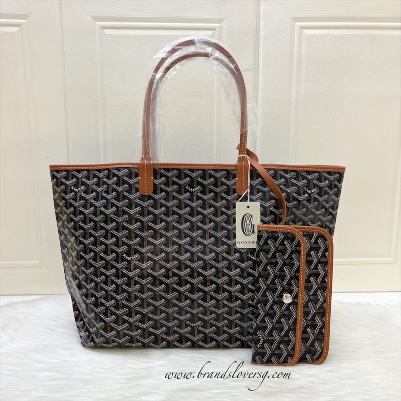 Goyard St Louis PM Tote in Black Signature Goyardine Canvas and Brown Trim