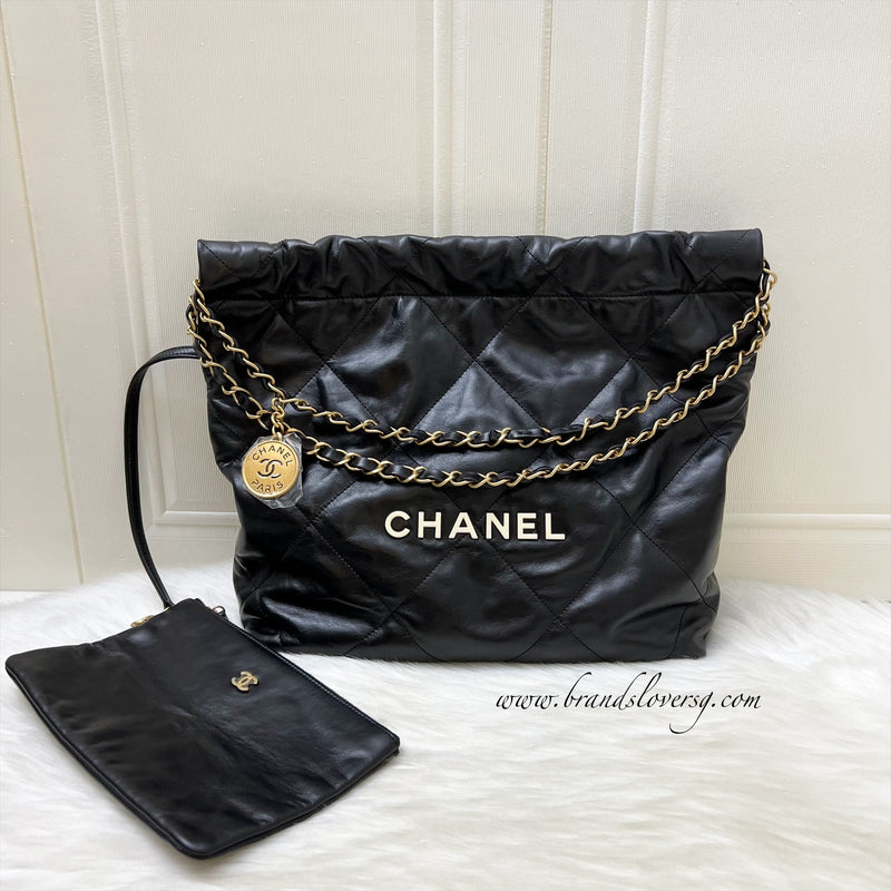 Chanel 22 Small Hobo Bag with White Logo in Black Calfskin and GHW