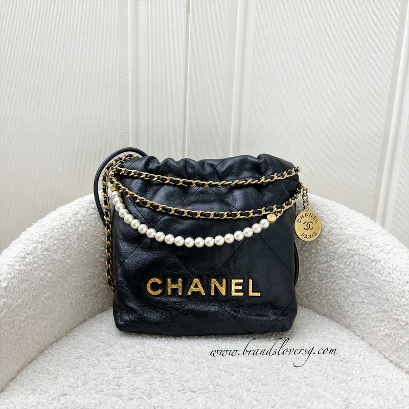 Chanel 22 Mini Hobo with Pearls in Black Distressed Calfskin and AGHW