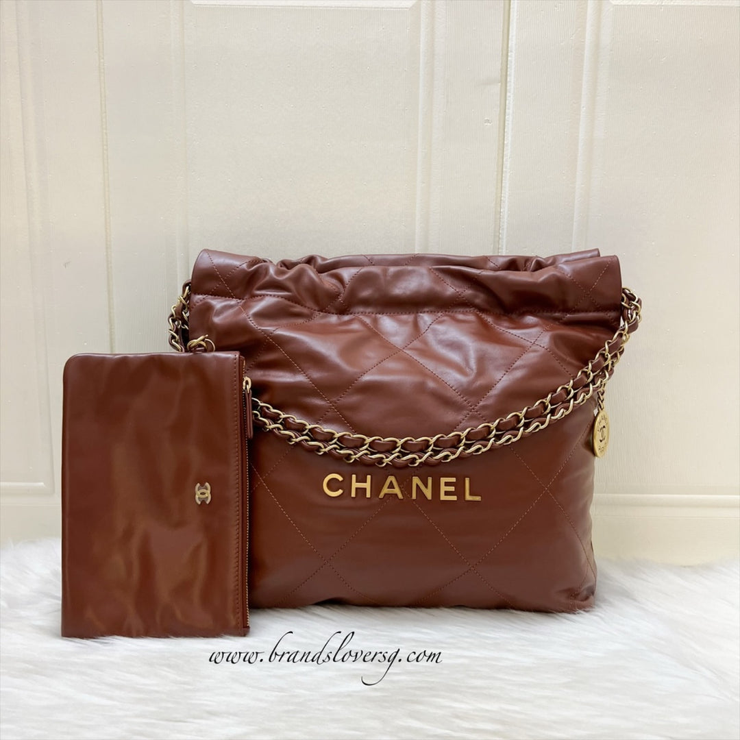 Chanel 22 Small Hobo Handbag in 24A Cognac Brown Shiny Calfskin