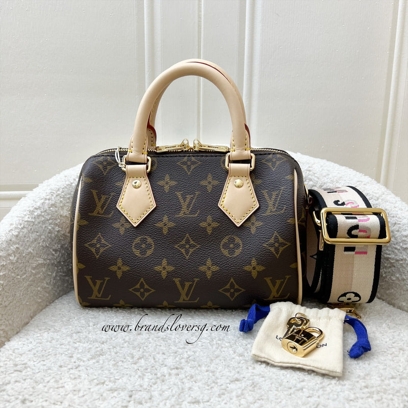 LV Speedy Bandouliere 20 in Monogram Canvas and Black Patterned Strap (Model: M46234)