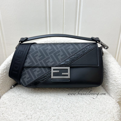 Fendi Baguette in Black Leather, Grey Canvas and SHW