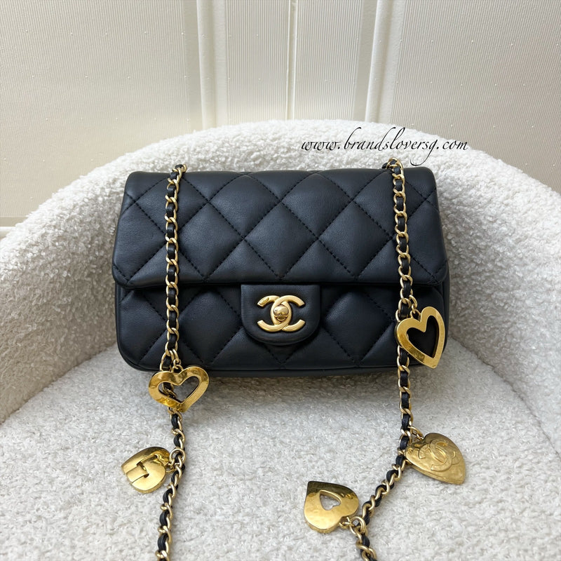 Chanel 22B Small Flap Bag with Heart Charms in Black Lambskin and AGHW (AS3457)