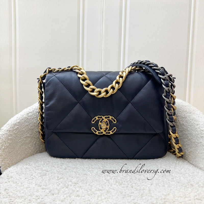 Chanel 19 Small Flap in Dark Blue Goatskin and 3-tone HW (Model: AS1160)