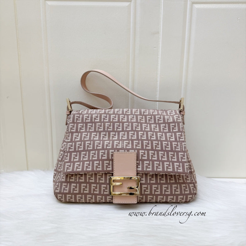 Fendi Zucchino Canvas Mamma Forever with Dusky Pink / Nude Leather Shoulder Bag