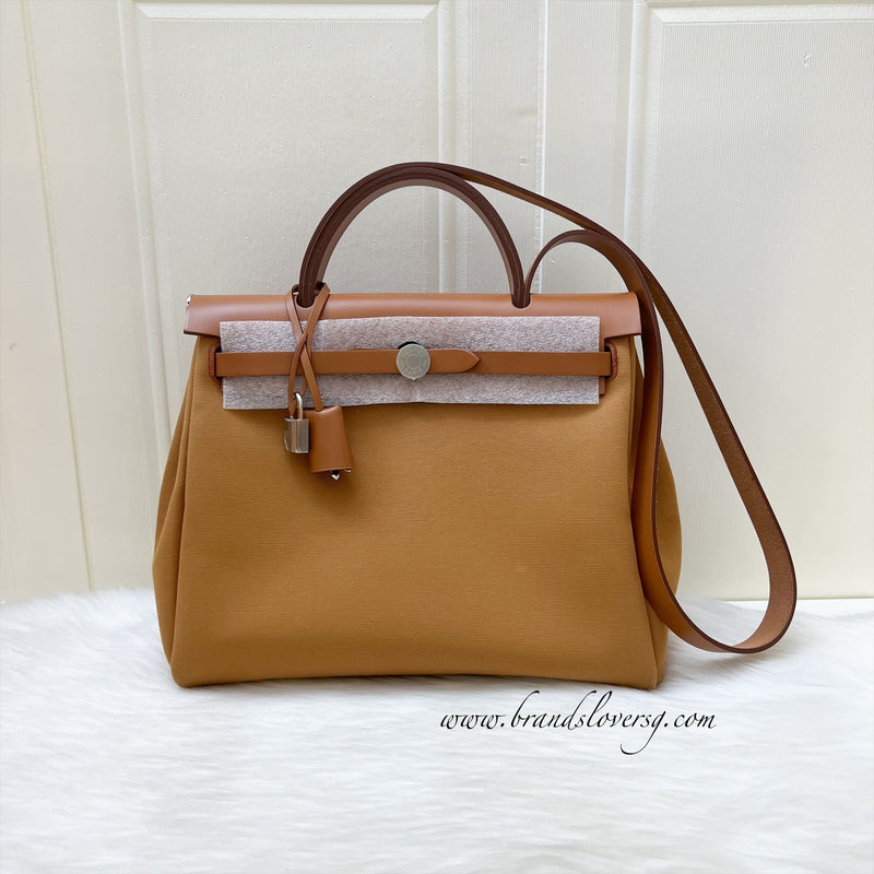 Hermes Herbag Zip 31 in Dune Canvas, Fauve Leather and PHW (With Magnolia Canvas back pocket and interior)