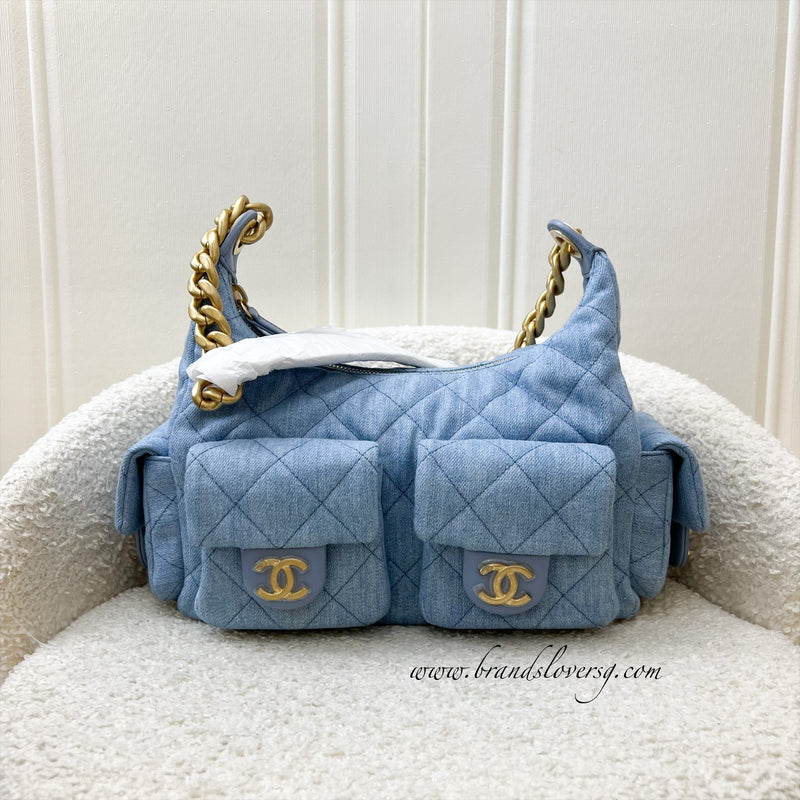 Chanel 25C Large Hobo Bag in Light Blue Washed Denim Fabric and AGHW (Model: AS5339)