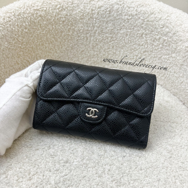 Chanel Classic Medium Trifold Wallet in Black Caviar and SHW