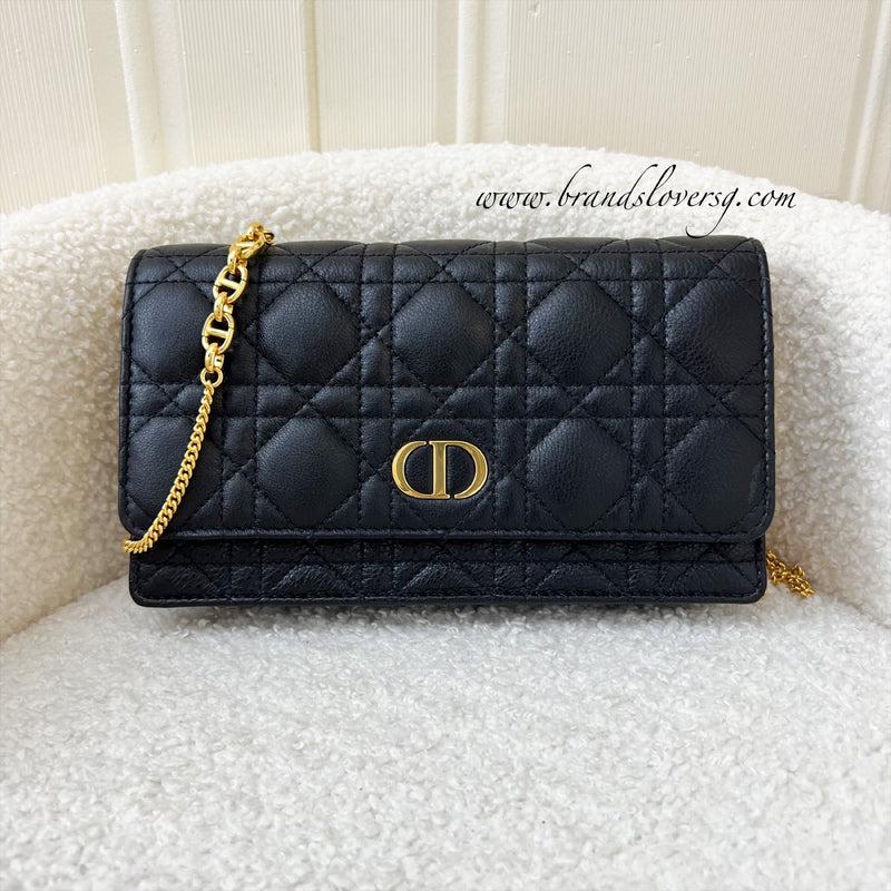 Dior Caro Pouch / Wallet on Chain WOC in Black Black Supple Cannage Calfskin GHW