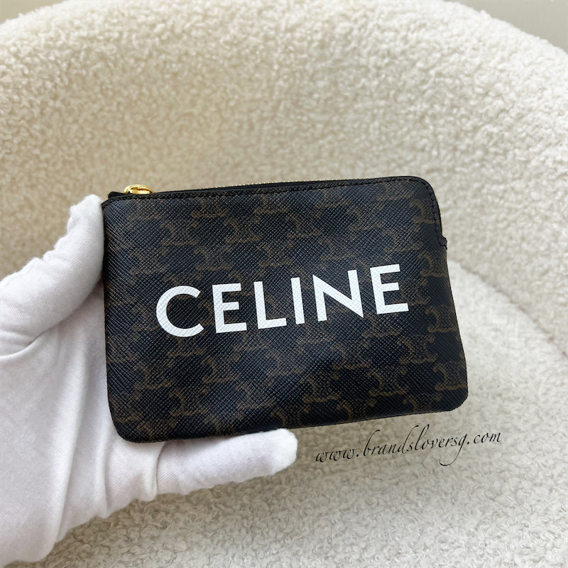 Celine Triomphe Coin and Card Pouch with Hook in Canvas Black and GHW