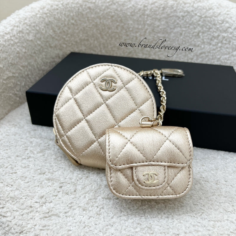 Chanel 2024 VIP Gift Round Pouch and Airpods Holder Bag Charm in Metallic Gold Lambskin and LGHW