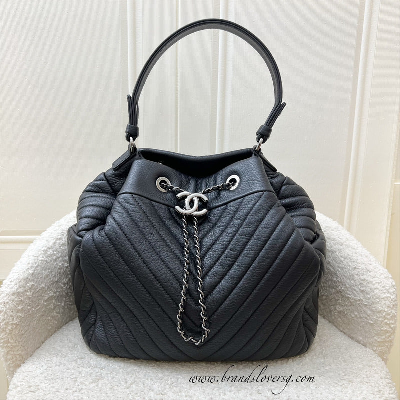 Chanel 16A Bucket Bag in Black Chevron Quilted Deerskin and RHW