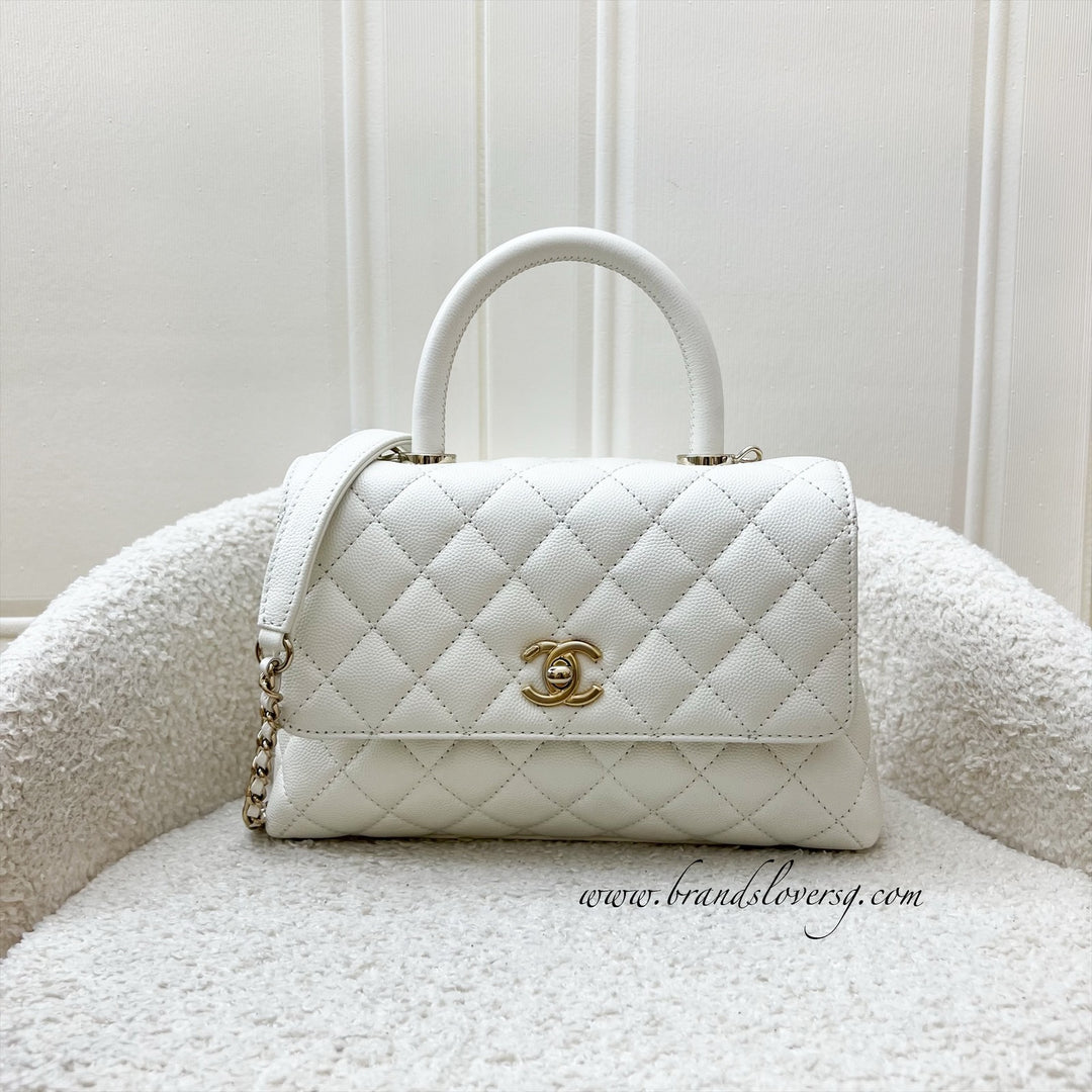 Chanel Small 24cm Coco Handle in White Caviar and LGHW (Model