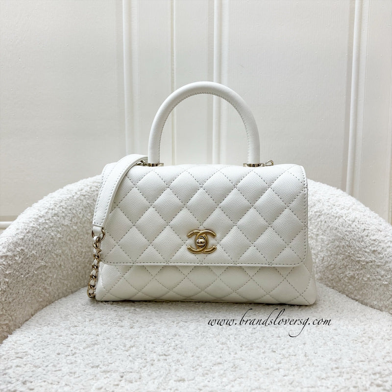 Chanel Small 24cm Coco Handle in White Caviar and LGHW (Model: A92990)