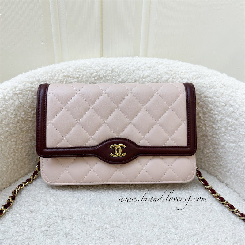 Chanel Seasonal Wallet On Chain WOC in Pink and Burgundy Lambskin and AGHW