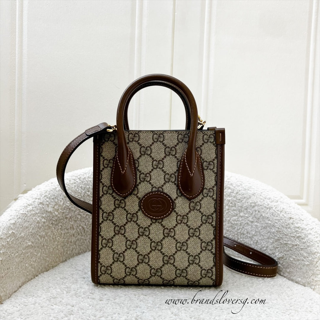 Gucci Interlocking G Mini Tote Bag in GG Supreme Canvas with Brown