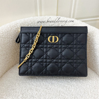 Dior Caro Zipped Pouch with Chain in Black Cannage Calfskin and GHW
