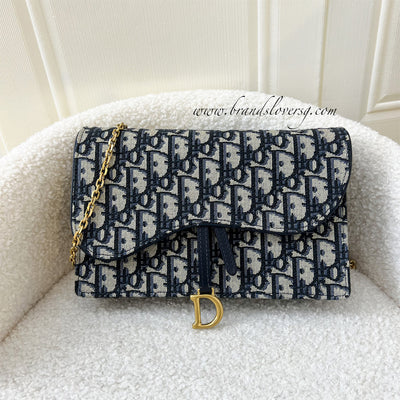 Dior Saddle Wallet on Chain WOC in Blue Oblique Jacquard Canvas and AGHW