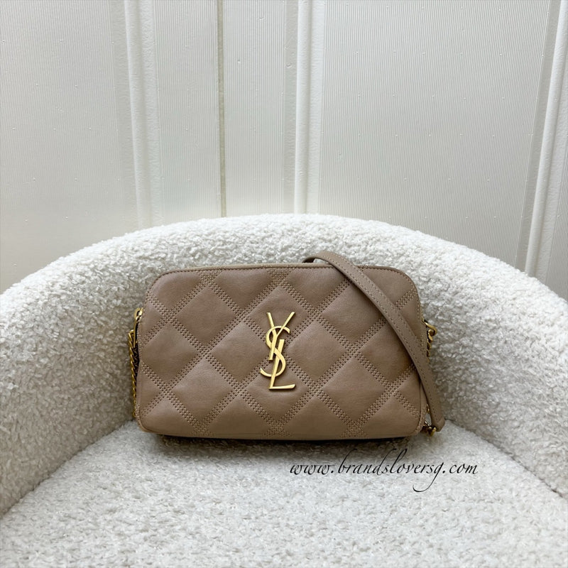 Saint Laurent YSL Mini Becky Double Zip Camera Bag in Beige Quilted Leather and AGHW