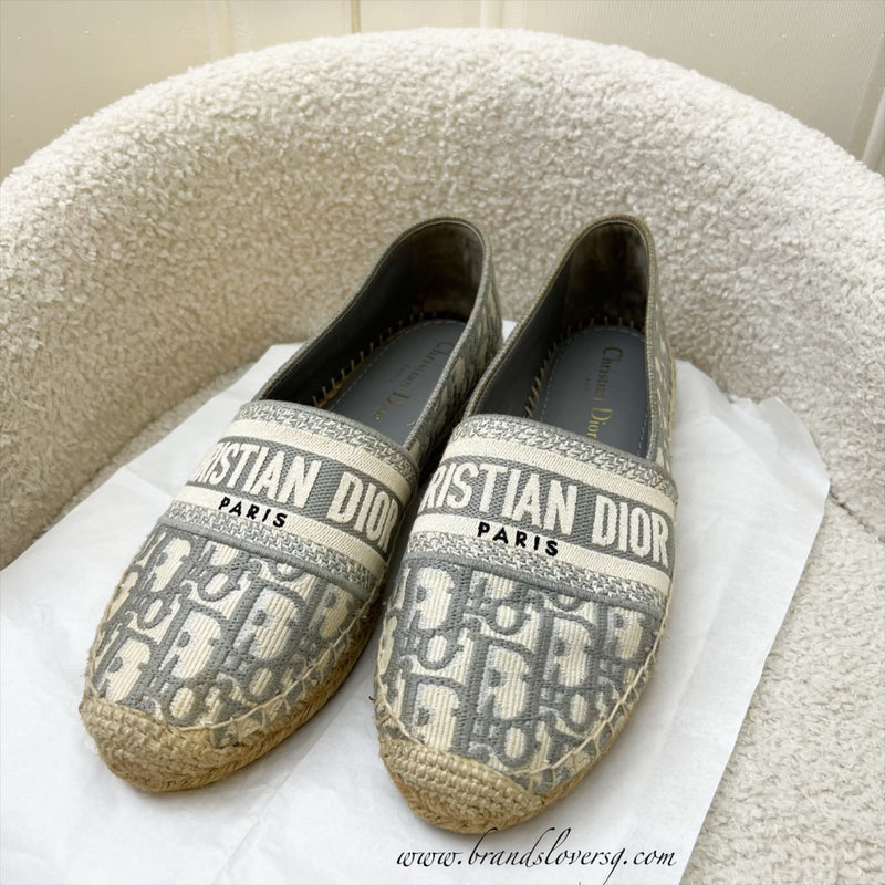 Dior Granville Espadrille in Stone Gray Oblique Embroidered Cotton Size 37