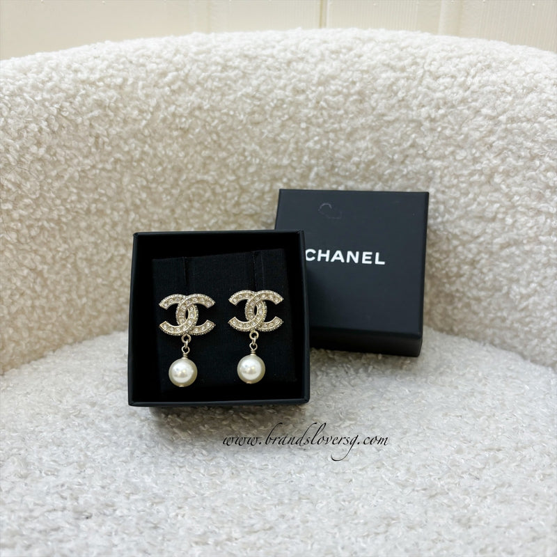 Chanel CC Logo Dangling Earrings with Crystals and Pearls LGHW