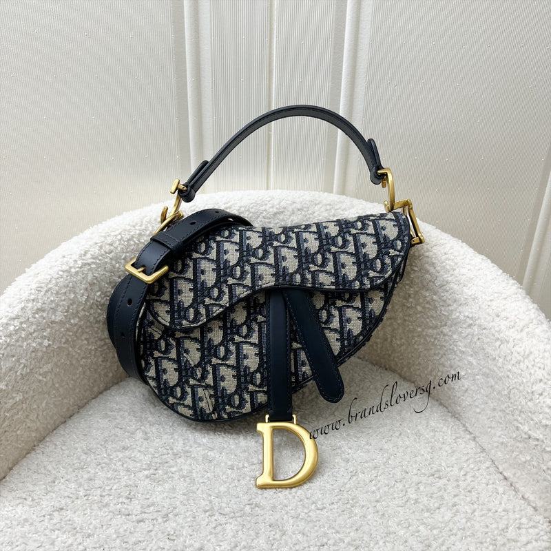 Dior Mini Saddle Bag In Navy Oblique Canvas AGHW (Newer Version with Strap)