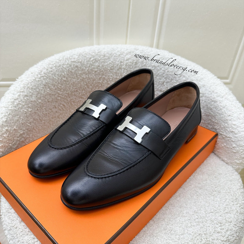 Hermes Paris Ladies Loafers in Noir Black Goatskin and PHW Sz 39.5