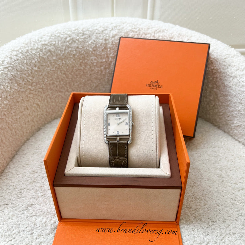 Hermes Cape Cod PM 37mm Quartz Watch with Diamonds and Gris Elephant Alligator Strap (Model: CC2.732c)