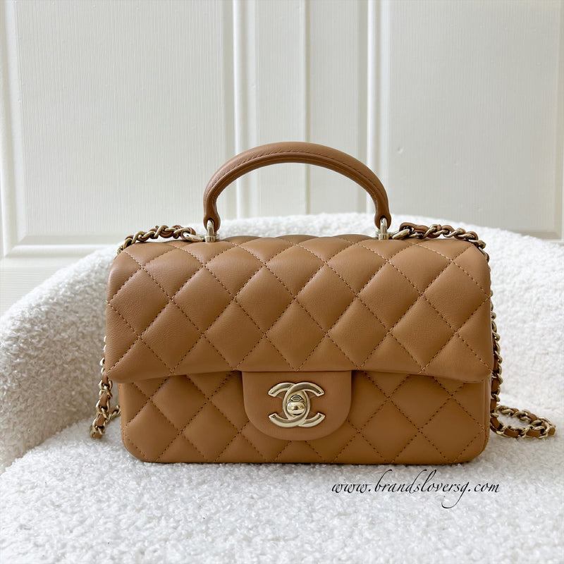 Chanel Top Handle Mini Rectangle Flap in 23P Dark Beige and LGHW